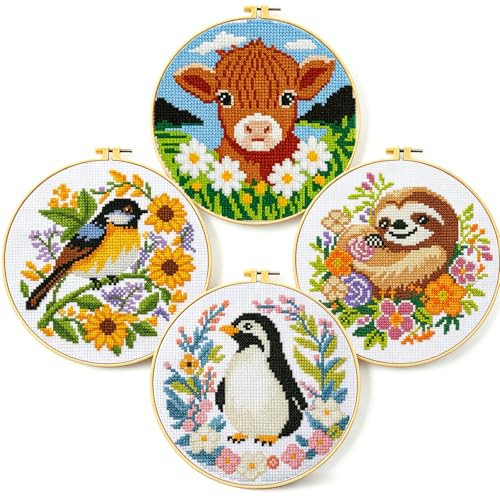 Zhenging Animal Cross Stitch Kit – 4 Pre-Printed Designs (Sloth, Bird, Penguin, Calf) with 11CT 9.45x9.45 Inch Fabric, Hoop, Scissors, Threader & Tools for Beginners & Adults - color: 69569