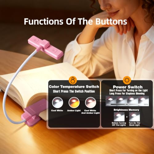 VAVOFO 24 LEDs Rotatable Book Light, Rechargeable Clip Reading Lamp, Pink - color: Pink