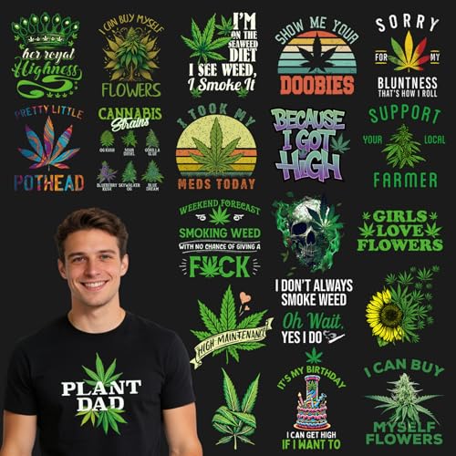 Dazoratix 420 Iron on Transfers - 20 Sheets Weed DTF Ready to Press 420 Heat Patches Bulk Green Leaf Marijuana Cannabis Stickers Vinyl Decals for T Shirts Clothes Bag Hat Pillow DIY Crafts Decorations - style: Weed
