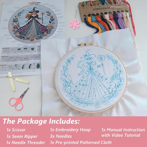 Embroidery Kit for Adults, Pre-Stamped Pattern Embroidery Kit for Beginners, DIY Hand Needlepoint Starter Kit with Hoop Thread Needle Instruction, 6.3'' Hoop (Witch 1 Pack) - style: Witch 1 Pack