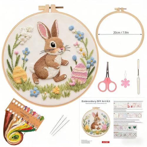 AZY Easter Embroidery Kit – Single Pre-Printed Floral Pattern with Adjustable Embroidery Hoop, Thread, Needle, Threader & Instructions – for Beginners and Cross Stitch Lovers - style: Easter embroidery