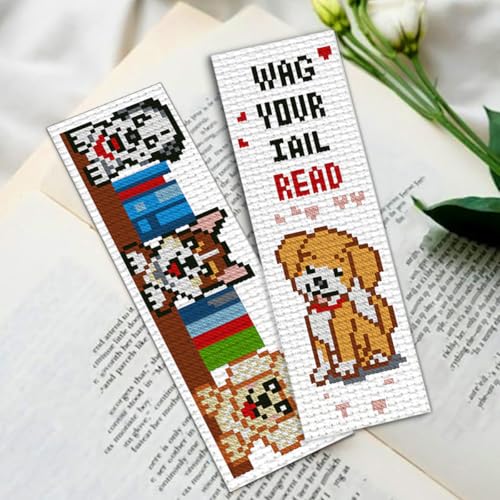 Zhenqing Bookish Dog Stamped Cross Stitch Bookmark Kit, 6 Reading Puppy Designs on 11CT Printed Cotton Fabric for Adults and Beginners, Gift for Book Lovers - color: Dog Reading Bookmarks