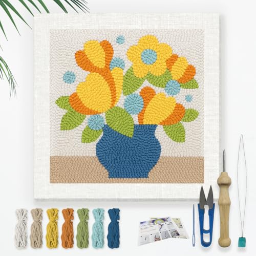 Doodlream Flowers Vase DIY Punch Needle Embroidery Kit for Adult Beginner, 9.4" Floral Punch Stitching Craft Set for Starter with Frame, Fabric Pattern, Threader, Yarn, Pinch Needle - color: Flowers Vase
