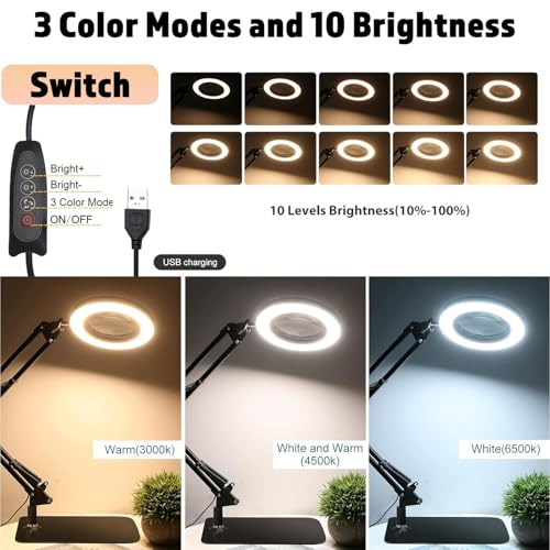 15X Magnifying Glass with Light, Table Lamp with Stand and Clamp, 2-in-1 LED Desk Lamp with Magnifier, 3 Color Modes, 72 LEDs, Real Glass Lens for Close Works, Craft, Hobby, Painting, Reading, Repair