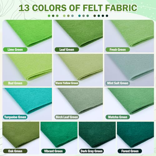 XSEINO 13 Rolls 8"x35" 1.4mm Thick Soft Felt Fabric Sheet 13 Assorted Green Series Colors Felt Pack Pastel Felt Sheets for DIY Craft Sewing Squares Nonwoven Patchwork - color: Green Hues