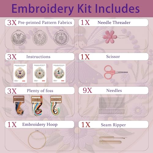 Vereela 3 Pack Fairy & Flower Embroidery Kit for Beginners - DIY Cross Stitch Starter Set with Hoop, Threads, Needles, Scissors & Instructions - Art Craft Gift for Adults & Teens - color: Fairy