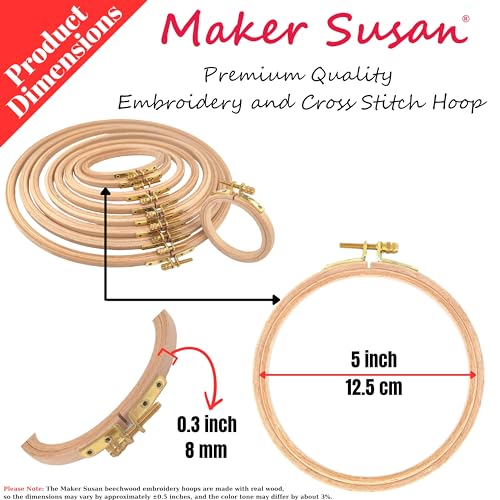 Maker Susan 5" Wood Embroidery Hoop, Round Beechwood Cross Stitch Hoop with Adjustment Brass Screw, Cross Stitch Hoops and Frames, Suitable for Embroidery, Craft Sewing (5 inch) - style: 5 inch