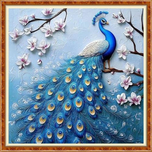 Funchey Counted Cross Stitch Kits for Adults Needlepoint Kits Unprinted Cross Stitching Embroidery Kit 11CT Cross Stitch Supplies-Blue Peacock Flower 18x18 inch - color: Artcolor03