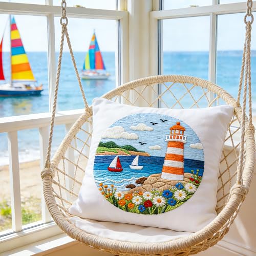 BEUNITONE 6 Set Beginner Embroidery Kit for Adults with Pre-Printed Washable Lighthouse Pattern, DIY Needlepoint Craft Kits for Cloth with Embroidery Hoop and Instruction, Funny Gifts for Home Decor - style: Lighthouse