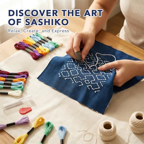 Onism Sashiko Embroidery Kit for Beginners, 7 Colors Thread & Denim Fabric