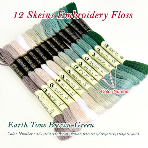 Premium Rainbow Color Embroidery Floss - Cross Stitch Threads - Friendship Bracelets Floss - Crafts Floss - 12 Skeins Per Pack Embroidery Floss,Earth Tone Brown-Green - color: Earth Tone Brown-Green