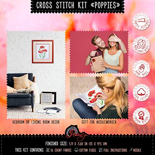 Povitrulya Counted Cross Stitch Kit “Poppies” | Poppy Wildflowers Hand Embroidery Kits for Adults | DIY Handmade Gift for Mother's Day - color: Poppies