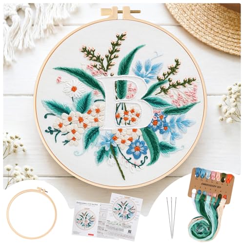 Zerzsy 7.87 '' Embroidery Kits Plant Flower Leaf English Letter Patterns for Beginners Adults, Easy to Learn Cross Stitch Kit for Home Office Decor - color: Letter B