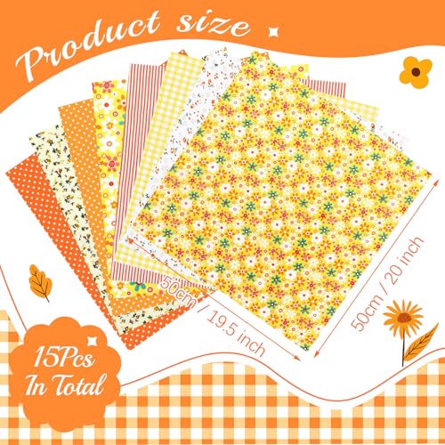 Kingdder 15 Pcs 20 x 20 Cotton Fabric Orange Square Quilting Patchwork Assorted Patterns Fabric Fat Quarter Colorful Printed Square Patchwork Fat Bundles for DIY Crafts Cloths Handmade Supplies - style: Orange
