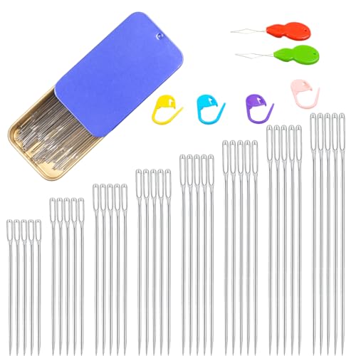 40/80PCS Large Eye Sewing Needles - 8 Sizes Hand Sewing Sharp, Embroidery, Leather, Stainless Steel Yarn With Threaders & Stitch Markers (Blue 80pcs) - color: Blue 80pcs