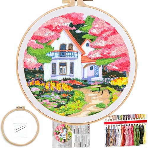 FONNUY Embroidery Kit for Beginners, Boho Nature Landscape Pre-Stamped Pattern Kits for Adults with Hoop, Easy to Follow Color Thread Needlework, 8'' Hoop (Flower House) - color: Flower House