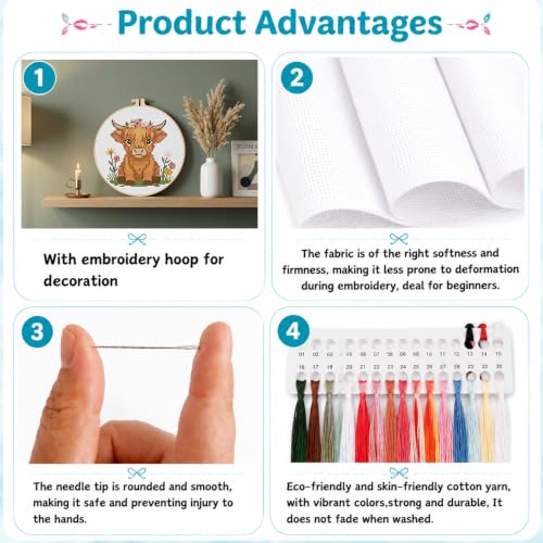 Stamped Cross Stitch Kits for Beginners-Highland Cow,with Embroidery Hoop - color: Cow-2605