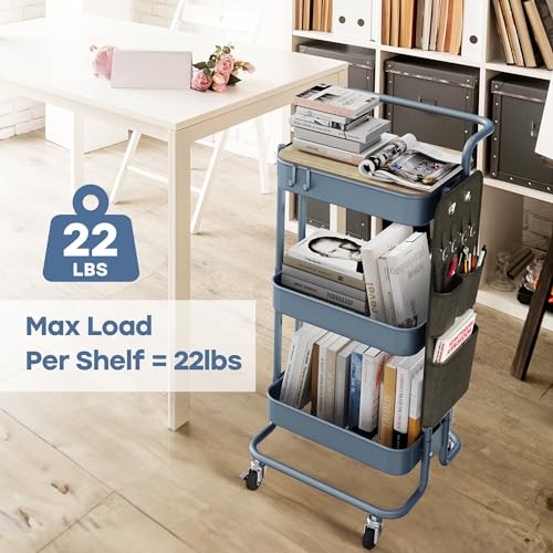 DTK 3-Tier Rolling Cart with Table Top, Metal Utility Cart with Side Bags - color: Blue, size: Large