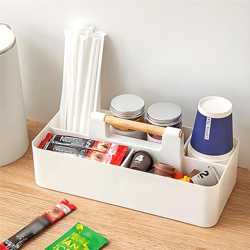 Acshio 2 Pack Plastic Portable Caddy with Handle, Stackable Art Office Supplies Storage Organizer with 5 Compartments, Multiuse Divided Craft Basket Bin Stationery Pen Holder for Home, Shower