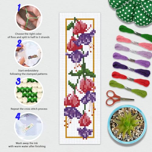 BEUNITONE 6 Pcs Flower Cross Stitch Bookmarks Kit for Adults Beginner DIY Stamped Embroidery Bookmark Kit with Instructions Cute Stamped Embroidery Bookmark for Book Lovers Handmade Gift 8''x2.4'' - style: Falling Flowers