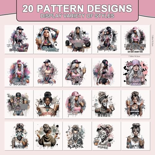 Dtf Transfers Ready to Press - 20 Pcs Cool Style Girls Heat Transfer Vinyl Stickers Funny Mama Skull Coffee Iron on Patches Decals for T-Shirts Clothes Bag Pillow DIY Fabric Decor - color: Cool Style Girls