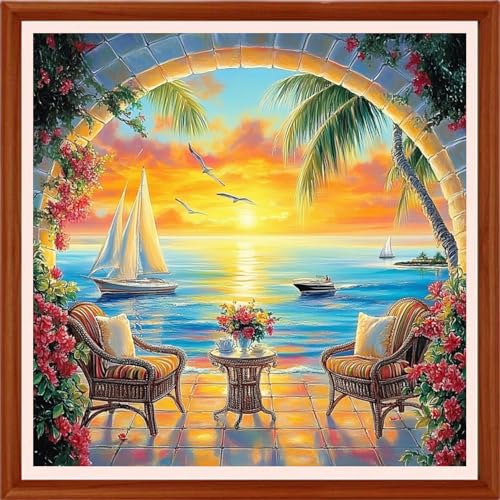 Redxing Counted Cross Stitch Kit for Beginners,Unprinted Needlepoint Kits for Beginners Cross Stitching Embroidery Kit 11CT Stitches kit-Sunrise by the Sea 18x18 inch - color: Setpattern12