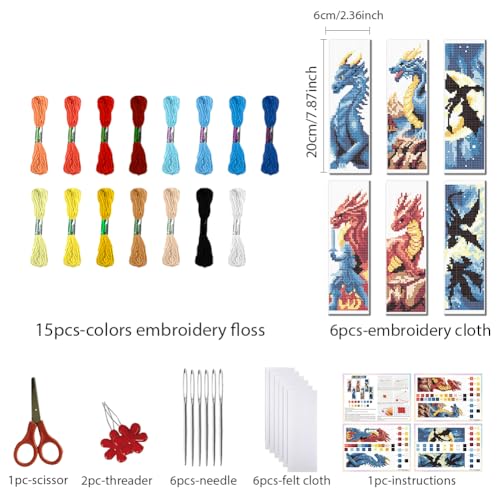 FREEBLOSS 6 Set Cross Stitch Bookmark Kit Stamped Cross Stitch Kit Dark Dragon Embroidery Set with Instruction for Adults 8''*2.4'' - style: Dragon