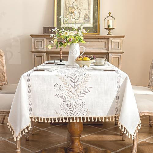 Alsoo Rectangle Tablecloth 55" x 106", Farmhouse Linen Style Table Cloth with Brown Fern Embroidery & Tassels, Heavy Weight Wrinkle & Spill Resistant Table Cover for Dining Kitchen - color: Brown Ferns, size: 106" x 55" (Rectangular)