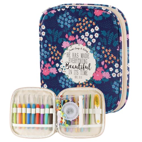 Crochet Hook Case,Portable Zipper Storage Organizer Bag for Crochet Hooks, Knitting Needles, Project & Sewing Supplies, Lightweight,Easy to Hold (No Accessories Included).Deep Blue Flowers - color: deep blue flowers