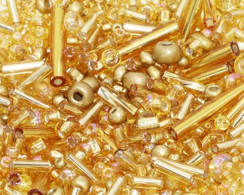 Mixed Craft Beads 1000Pcs/20g Glass Seed Beads Tube Beads Bugle Beads 1.5-4.5mm Small Loose Spacer Beads for DIY Bracelets Necklace Earring Jewelry Making (Gold) - color: Gold