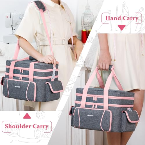 Double-Layer Sewing Organizer Bag with 2 Detachable Pouches and Dividers - color: Vintage, size: L-13.5"