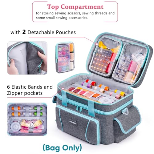Double-Layer Sewing Organizer Bag with 2 Detachable Pouches and Dividers - color: Grey, size: L-13.5"