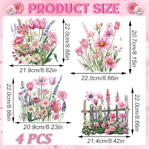 Pink Flower Iron on Patches for Clothe - 4PCS Spring Wildflower Design Iron on Applique Sticker Pink Tulip Lily Daisy DTF Transfer Ready to Press Heat Transfer Vinyl Decal for T-Shirt Bag Pillow Cover - color: Pink Wildflower A