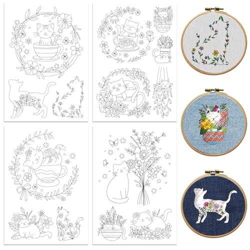 Peacoblue Cat, Flower Stick and Stitch Embroidery Patterns, Water Soluble - color: Cute Cat with Flower