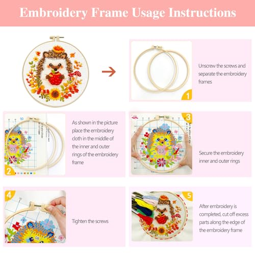 Zhenqing Autumn Animals Cross Stitch Kit - 4-Piece Set with Pre-Printed 11CT 24x24cm Fabric, Hoop & Tools, Fall Theme Animal Designs for Beginners (70412) - color: 70412