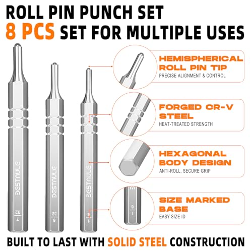 BESTNULE 8 Piece Roll Pin Punch Set, Pin Punch Set, Punch Tools with 1 Tweezers, Made of Solid Material Including Steel Punch and Tweezer, Ideal for Machinery Maintenance
