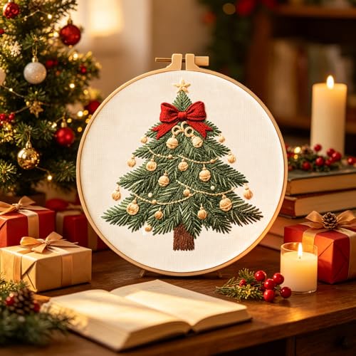 FONNUY Cute Christmas Embroidery Kit for Beginners, Festive Winter Pre-Printed Pattern & Supplies Set for Adults, DIY Handmade Needlepoint Kits Wall Art, 8'' Hoop (Tree) - color: Tree