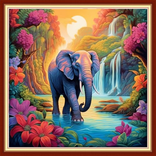 Joyhoor Stamped Cross Stitch Kits for Beginners, Needlepoint Kits for Adults, 11CT Counted Embroidery Kits-Elephant Falls 18x18 inchs - color: Artstyle38