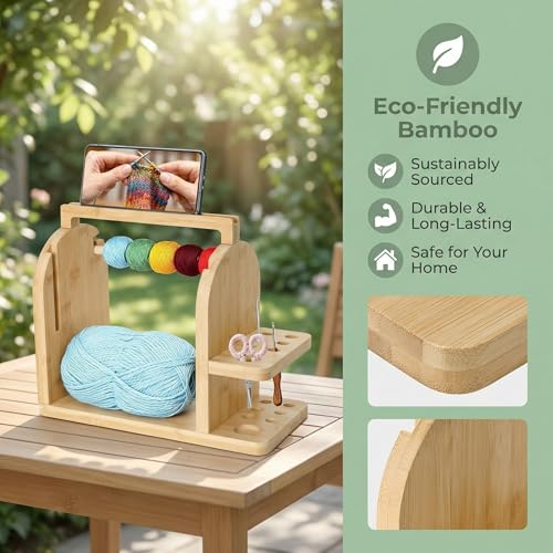 Wooden Yarn Holder with Phone Stand & Handy Tool Slot – Portable Yarn Spinner and Detachable Organizer Box for Crocheting, Knitting Projects and Yarn Storage