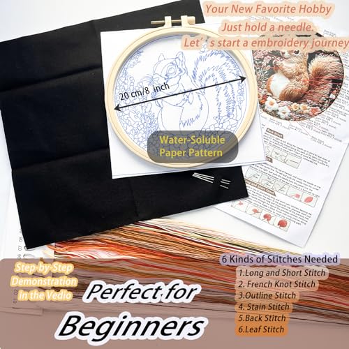 FONNUY Funny Squirrel Floral Embroidery Kit, Cross Stitch Kits for Beginners, Handmade Crafts with Printed Patterns for Beginner Adults, Color Thread Needlework, 8'' Hoop (Smart) - color: Smart