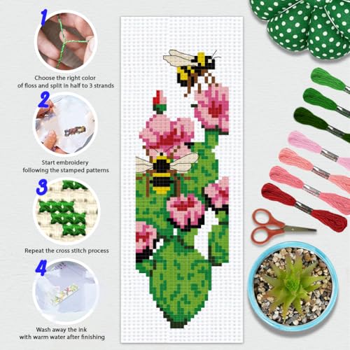 BEUNITONE 6 PCS Cross Stitch Bookmark Kit for Adults Beginners,Animal and Floral Pre-Printed Cross Stitch,DIY Stamped Embroidery Bookmark Kits,with Instructions,Craft Kit for Book Lovers 8.5''x3'' - style: Animals And Flower Plants
