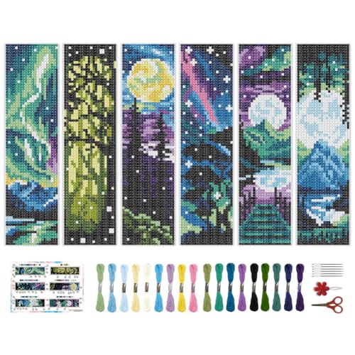 BEUNITONE 6 Pcs Landscape Bookmarks Cross Stitch Kits for Adults Beginner Scenery Cross Stitch Bookmark Kit Aurora Needlepoint Bookmark Kit Stamped DIY Embroidery Kit with Instructions 2.4x8 in - style: Dreamy Landscape