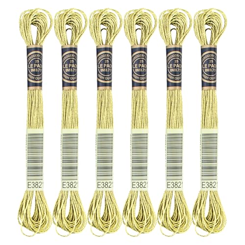 6 Skeins Embroidery Thread, Metallic Light Gold Embroidery Floss Friendship Bracelet String, Polyester Cross-Stitch Threads for Hand Embroidery, String Art - color: light gold