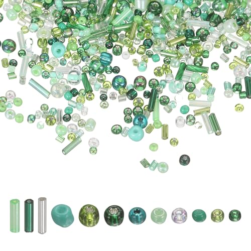 MECCANIXITY 5000 Pcs Mixed Glass Seed Beads, 1.5-6mm Mini Loose Glass Bugle Spacer Bead Embroidery Beads for DIY Craft Projects Earrings Necklaces Bracelets Jewelry Making, Green - color: Green