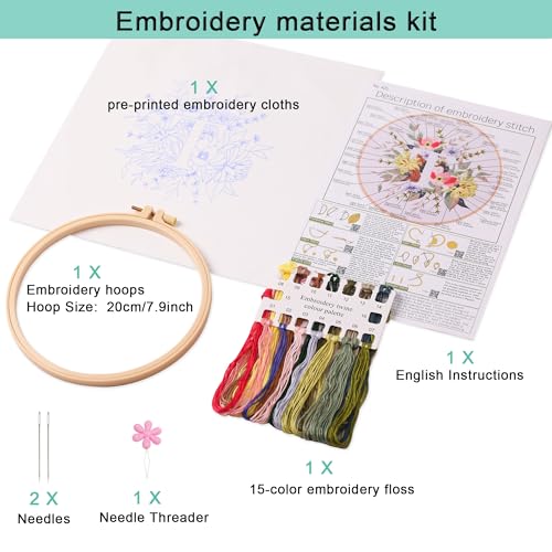 Harimau Letter Pattern T Embroidery Kit for Adult Beginners, Complete Starter Pack with 1 Hoop, Needles, Instruction Guide & Embroidery Stitch Video Tutorials - color: T