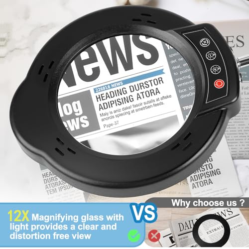 12X Magnifying Glass with Light and Stand, 5 Color Modes Stepless Dimmable - color: Black01