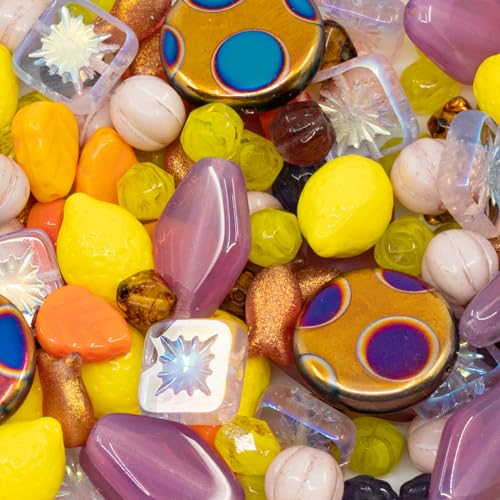 1.4oz (40g) Limited Mix of Czech Glass Beads, Hand Made Set Kit, Pink Rhombus Flowers Yellow Lemon Beads - color: LMIX pink yellow lemon