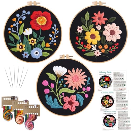 Louise Maelys 3 Pack Floral Embroidery Kit for Beginners, Washable Fabric - color: florals
