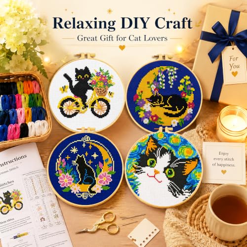 Zhenqing 4 Pack Cat Stamped Cross Stitch Kit for Beginners - color: 4 Pack Cat