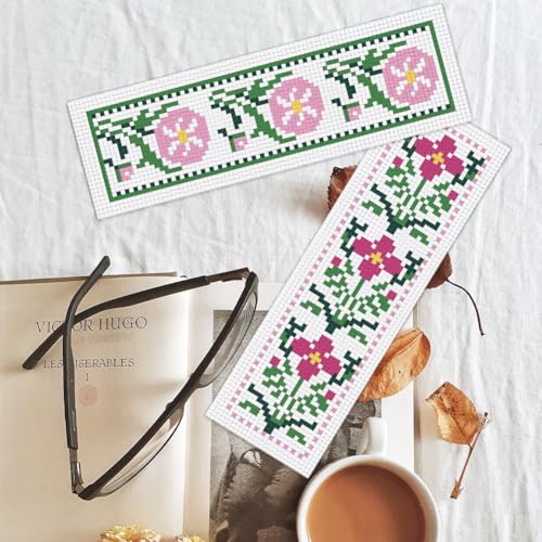 BEUNITONE Cross Stitch Bookmark Kit 6 Pcs Flower DIY Bookmarks Cross Stitch Kits for Adults Beginners with Instructions Cute Pre-Sorted Floss Cross-Stitch Stamped Embroidery Kit for Gifts 8''x2.4'' - style: Trivia Flowers